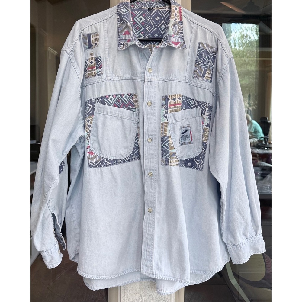 Vintage Djive XL Denim Shirt Southwestern Patchwork Wearable Art 90s